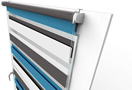 Aloha Doppelrollo Zebrarollo Duo Rollo Sonnenschutzrollo Klemmrollo Fensterrollo Sichtschutz Klemmfix ohne Bohren für Fenster & Türen (Trio: Grau-Blau-Weiß / 45x150cm / Breite x Höhe)