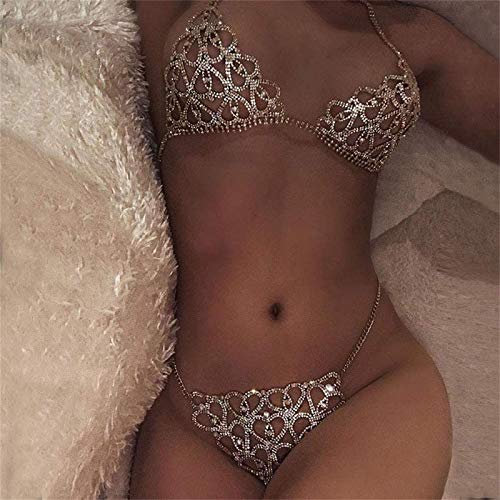 Sous-vêtements en strass,Coeur cristal Bikini corps chaînes harnais pour femmes Lingerie Sexy chaîne Bling strass soutien-gorge et chaîne ensemble bijoux (Gold)