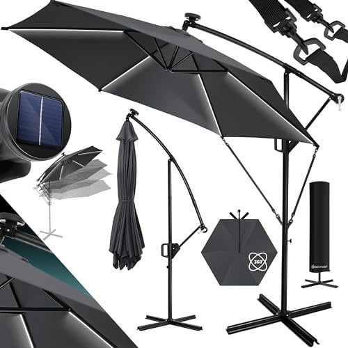 KESSER® Parasol en aluminium avec LED dispositif à manivelle, Protection UV, Aluminium, Tissu hydrofuge | Ombrelle | Protection solaire | Parasol de jardin | Parasol de marché |, 300cm, Anthracite