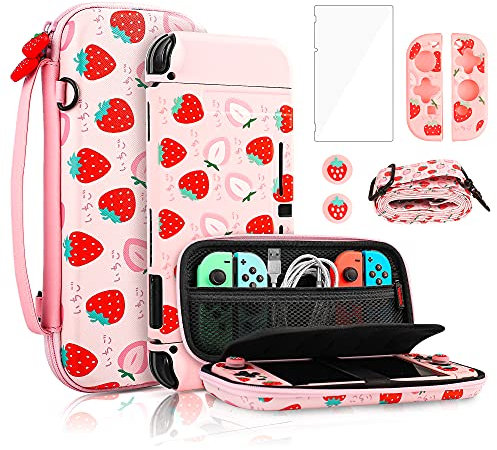 FANPL Pochette coque pour Nintendo Switch, joli ensemble d'accessoires pour Switch avec étui de voyage rigide, coque en TPU souple, sangle réglable, protection d'écran, Joystick (fraise rose)