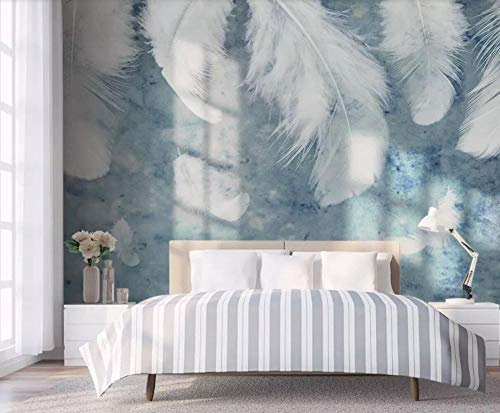Tapete 3D Wandbild Einfache Blaue Wasserfarbige Weiße Federn Fototapete 3D Effekt Vliestapete Wohnzimmer Schlafzimmer Wanddeko 400cmX250cm