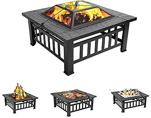 BDXZJ Brasero Extérieur pour Jardin, Brasero Exterieur 32Inch, Table Carrée de Brasero en Métal Chauffage de Gril en Bois 3 en 1 avec Grill, Couverture Étanche pour Jardin/Terrasse/Chauffage