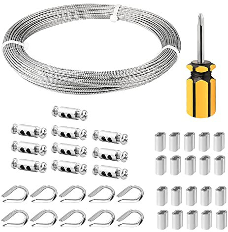 fshihine 30M Garden wire for climbing plants, 1.5mm Stainless Steel Cable with Wire Rope Clips & Thimbles for Garden Fence, Vine Eyes for Climbing Plants, Picture Hanging, String Light Hanging