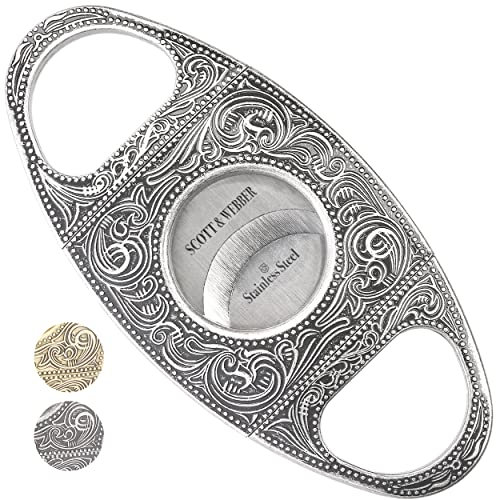 Scott & Webber® - Zigarrenschneider mit Doppelklinge aus Edelstahl - Zigarren Zubehör für großes Ringmaß - Inkl. Lederetui und edler Verpackung (Silber)