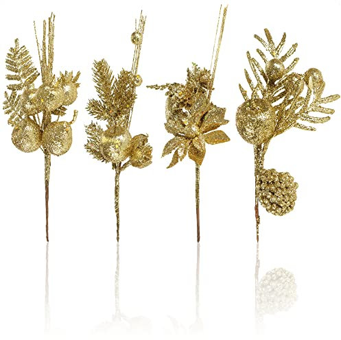 com-four® 4X Deko-Gesteck, dekorative Zweige als tolle Weihnachtsdekoration, schöner Raumschmuck, verschönert Geschenke auch für Kränze und Blumenarrangements DIY (goldfarben - mittel)