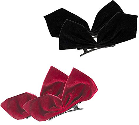 Bamboopack 4 Stück / 2 Paar Samt-Haarspangen mit Schleife, Haarnadeln, einfarbig, französischer Stil, Schleifen mit Krokodilklemmen für Weihnachten, Geburtstag, Alltag (Rot/Schwarz)