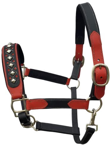 BlazingPaws Darlington Luxuriöses Lederhalfter für Pferde, aus hochwertigem Zaumzeug mit weicher Wildlederpolsterung und schickem Western-Design (volle Größe, rot/schwarz)