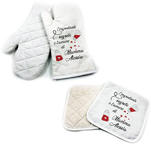 Set da Cucina Guanto da Forno e Presina Festa della Mamma Personalizzato Idea Regalo Speciale Compleanno Natale per la Mamma Cucina Famiglia l'ingrediente segreto è l'amore di mamma con tuo nome