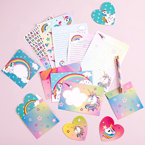 Einhorn Briefpapier Umschlag Set - 69 Blatt Briefpapier-Set für Mädchen Kinder Einhörner Geschenke für Mädchen Urkundenpapier mit Umschlägen Grußkarten Aufklebern Kugelschreiber Briefpapier Mädchen