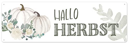 Interluxe Schild Metallschild - Hallo Herbst - Herbstschild Herbstdeko weißer Kürbis Baby Boo Japandi Skandi modern