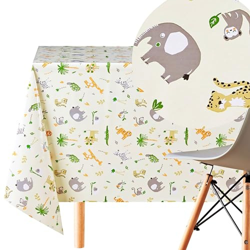 KP HOME Tischdecke abwaschbar 300x140 cm, Rechteckige PVC Tischdecke für Kinder, Safari-Tiere, Pflegeleicht, Wasserfest, Abwischbare Esstischdecke für Innen & Außenbereiche, Creme Wachstuchtischdecke