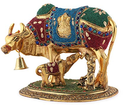 Kalakriti Kamdhenu-Kuh- und Kalb-Statue aus Metall mit Lord Krishna, spirituelles Vastu-Schaustück für Pooja-Zimmer, Wohnzimmer, indische Festival-Dekoration, Einweihungsgeschenk, groß (24 x 20 x 17