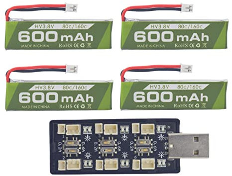 ZYGY 4PCS 1S 3.8V 80C 600mAh Lithiumbatterie mit JST-PH 2.0 Stecker Stecker und 1S sechs Kanal USB Ladegerät passend für Cineahoop Tinyhawk Mini FPV Racing RC Fernbedienung Flugzeug