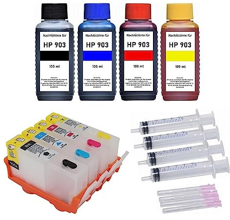 Inkpro - Nachfüllbare Tintenpatronen kompatibel mit HP 903 (XL) Black Cyan Magenta Yellow + 400 ml Nachfülltinten für OfficeJet 6950, OfficeJet Pro 6868, 6950, 6960, 6970, 6975, 6978