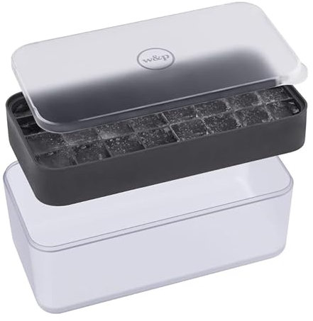 W&P Ice Box Silicone Ice Cube Tray with Lid & Bin, Holds 96 Cubes, Easy Release, Space-Saving Stackable Design, Dishwasher Safe, Charcoal