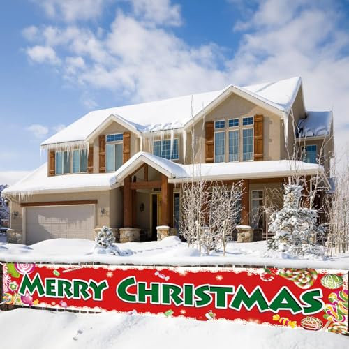 Frohe Weihnachten Banner Outdoor, Rot Weihnachtsbanner Merry Christmas Deko mit Zuckerstangen Muster für Outdoor Weihnachtsdeko, XXL Weihnachts Party Banner für Außen Garten Zaun Dekoration, 300x50cm