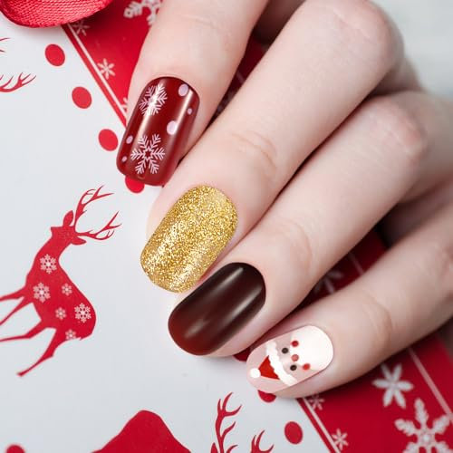 24pcs Faux Ongles Court, 12 Tailles, Forme Carrée Naturels Ongles a Coller de Noël avec Colles à Gelée, Bâton en Bois et Lime à Ongles, pour l'Hiver, Cadeaux de Fête, Cadeaux