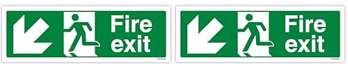 VSafety Fire Exit Arrow Down Left Sign - Landscape - 300mm x 100mm - Self Adhesive Vinyl (Pack of 2)