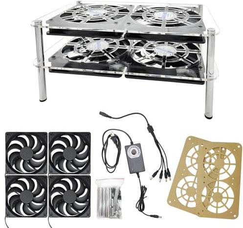 4x120mm Computer Fan with Ac Plug,with Variable Speed Controller,Dual-Layer Heat Dissipation with Acrylic Stand,Cooler for Router Flat-Screen Tv Receiver and Other Electronic Devices