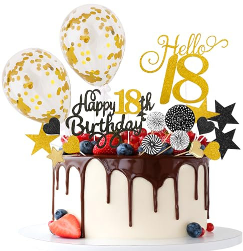 BETESSIN 26pcs Happy Birthday 18 Tortendeko Cake Topper Geburtstag Junge Happy 18th Birthday Kuchen Deko Glitzer Schwarz Gold Geburtstagstorte Deko mit Luftballon Party Kuchen Dekoration