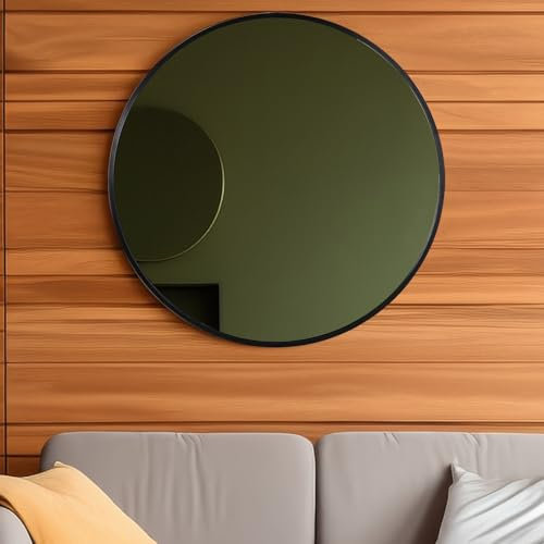 FRUMENSHIP Spiegel Rund Schwarz, 61 x 61 cm Runder Wandspiegel, Spiegel mit Metallrahmen, Moderner Hängespiegel, für Flur, Wohnzimmer, Badezimmer, Schlafzimmer