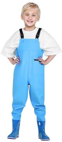 Wathose für Jungen und Mädchen - Wathose für Kinder, wasserdichte Regenhose mit Stiefeln,Junior Hosenträger Matschhose Regenstiefel,rutschfeste Sohle Gummistiefel für Jugendliche für 2-15 Jahre