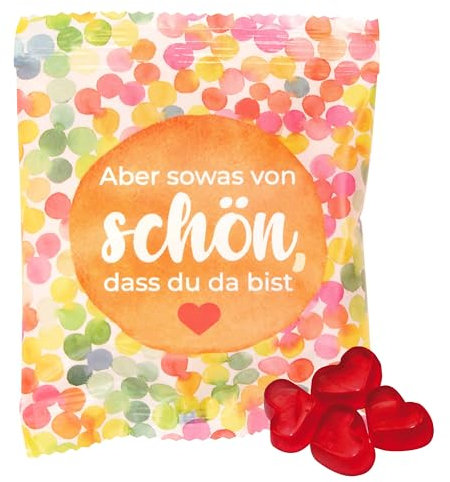 25x Gast-Geschenke-Tütchen: farbenfrohe Tüte, gefüllt mit echten Trolli Herzgummibärchen mit 10% Fruchtsaft, 10g, schön, dass du da bist Kleinigkeiten für Geburtstag, Hochzeit, Taufe & Party