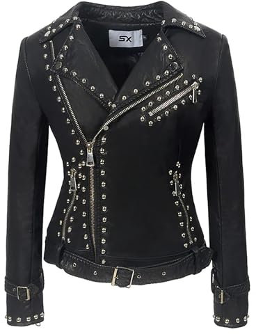 Rock88 Nieten Lederjacke für Damen Kurzer Motorradmantel mit Gürtel Übergroßes Revers Reißverschluss Oberbekleidung Frühling und Herbst Schlanke Winddichte Outfits,Black,L(Bust:107cm)