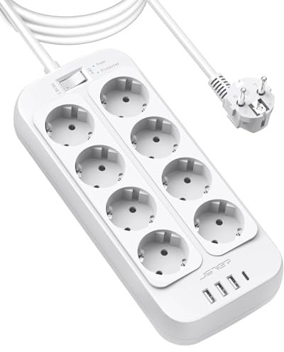 JSVER Regleta Enchufe 3M, Proteccion Sobretensioncon 4 Puertos de USB(3 USB A+1 USB C) y 8 Tomas 3680W 16A Enchufe Alargador para iPad iPhone Tablets-Blanco