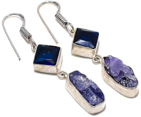 Blauer Tansanit-Quarz-Rohstein-handgefertigte Tropfen-Ohrringe 1,97 Zoll für Mädchen und Frauen, 925er-Sterlingsilber vergoldeter Schmuck von VACHEE 4914
