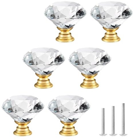 ShipeeKin Lot De 6 Bouton de Meuble Cristal Poignées de Meubles de Placard en Cristal de 30 mm Forme de Diamant avec Base d'or Boutons d'armoire en Verre Transparent