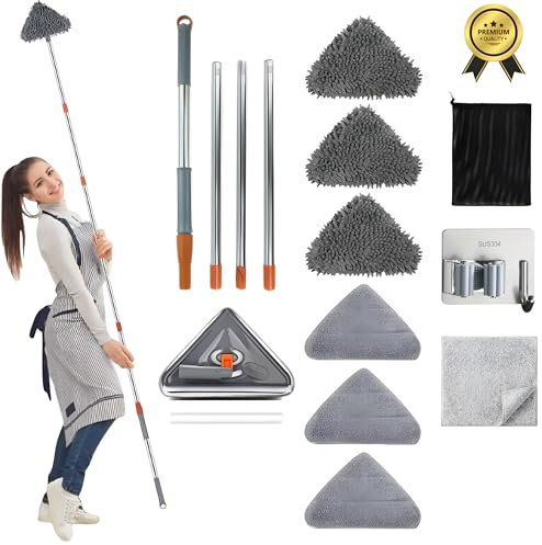 Mopa para Limpiar Azulejos y Paredes-Mopa Triangular Giratoria 360-Pack con Almohadillas de Chenilla y Microfibra Reutilizables+Paño de Fibra de Bambú+Colgador Adhesivo de Acero+Bolsa de Almacenaje