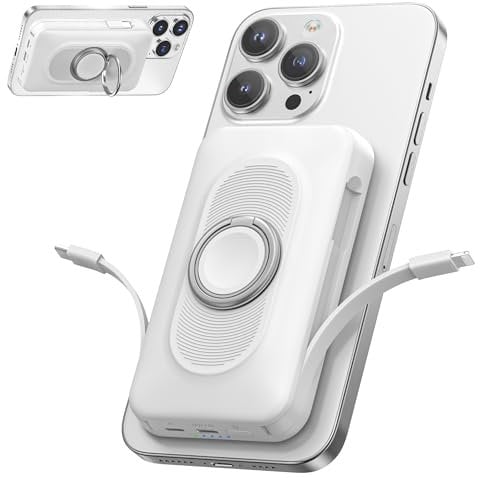 Mag-Safe Powerbank 20000mAh 22.5W Magnetische Power Bank 4-in-1 Schnellladen mit Type-C/IOS Kabeln, Wireless Tragbares Laden mit Ringhalterung für iPhone 16/15/14/13/12/Mini/Pro/Pro Max/Plus Weiß