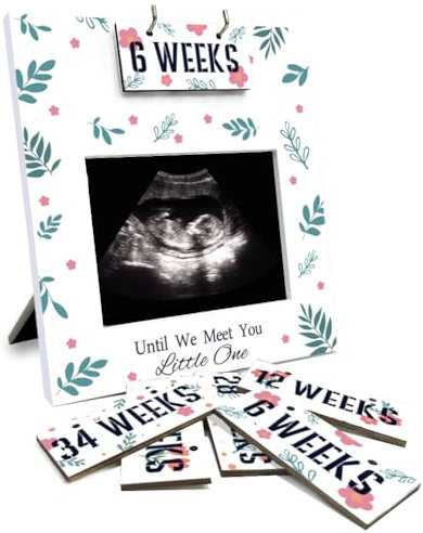 AHANDMAKER Sonogramm Bilderrahmen Ultraschall Bilderrahmen Mit Blättern Und Wildblumen Mit Countdown Wochen Für 4x3 Ultraschallfoto Bären Schwangerschaftsgeschenke