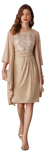 GRACE KARIN Zweiteiler Damen Elegant Chiffon-Cardigan + Partykleid Brautmutterkleider für Hochzeit Komplett Zweiteiler Champagner