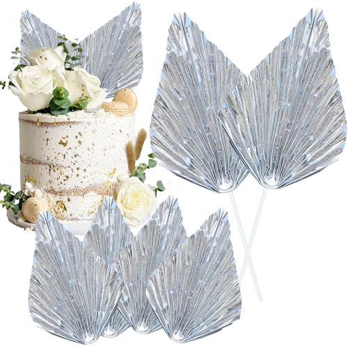 Gyufise 6Pcs Paper Palm Fan Cake Topper Palm Leaf Fan Cake Pick for DIY Bakeware Craft Project Home Made Wedding Bridal Shower Birthday Anniversary Party Cake Decorations Supplies Metallic Silver