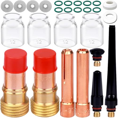EATBALE Schweißbrenner Verbrauchsmaterialien für Wig WP 17 18 26, 17GL116 & 17GL332 Stubby Gaslinse, #12 Glas Cup, Rückenschale, Spannzangen, O-Ringe, Diffusor, Dichtung Wig SchweißzubehöR (27 Stück)