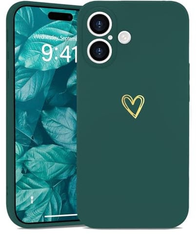 Wirvyuer Kompatibel mit iPhone 16 Hülle Mädchen Handyhülle Gold Liebesherz Weich Silikon Case Süßes Gold Love Slim Stoßfest Schutzhülle für iPhone 16 Dunkelgrün