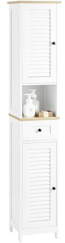 SoBuy Mueble Columna Baño Estrecho – Armario Alto Auxiliar con 2 Puertas, Cajón y Estante Abierto Mueble de Baño Estrecho para Lavadero Aseo o Espacios Reducidos 32x170x30cm FRG236-WN