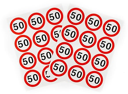 Tiwoca Deko zum 50. Geburtstag – 24 rot-weiße Aufkleber mit Verkehrsschild-Optik Zahl 50 – Ausgefallene Geburtstagsdeko und lustige Geschenkideen für Männer und Frauen