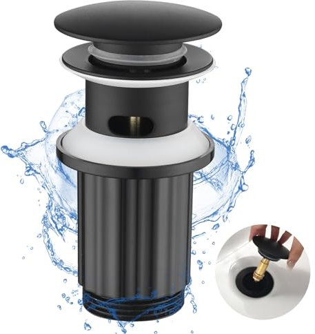 Nafall Ablaufgarnitur Waschbecken mit Überlauf - Pop Up Ablaufventil für den Waschtisch aus Messing - Universal 1 1/4 Zoll Waschbecken Ablauf Schwarz (Messingkörper und Kunststoffmutter)