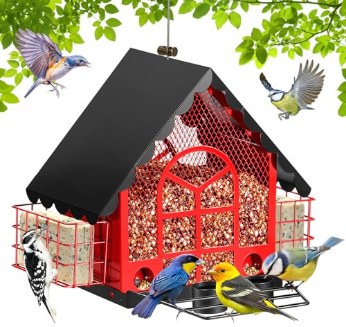 Futterhäuschen für Vögel,Große Kapazität Vogelfuttersäule,Metal Vogelhaus zum Aufhängen with 2 Drinkers,Vogelfutterspender Eingebautes Abflussloch, Wetterfest,für Kardinal-Wildvögel