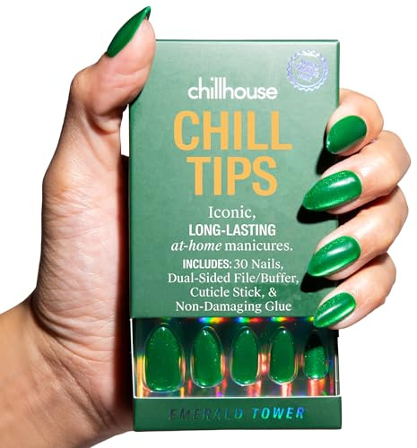 Chillhouse - Chill Tips, Press on Nails Kit - Emerald Tower (Almond) - 30 Nail Shapes & Sizes - Up to 2 Weeks of Wear - Customizable Fit - Reusable - Latina Founded & Women Owned - Beauty & Self Care