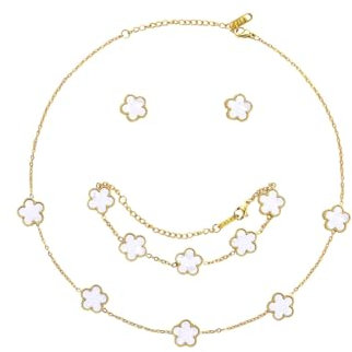 Hanaoops Vierblättriges Kleeblatt Schmuckset für Damen und Mädchen 18 Karat Vergoldet Edelstahl Zweiseitig Anhänger Halskette Ohrstecker Armband Hypoallergenes Glücksklee Emaille-Schmuck Set (White)