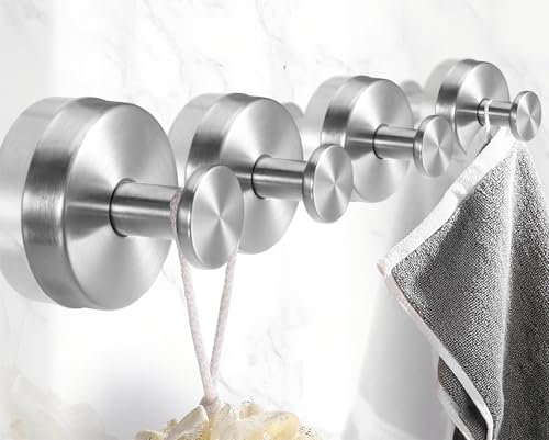 EUIOOVM Saugnapf Haken Edelstahl Extra Stark Handtuchhaken Ohne Bohren Wandhaken Saugnapf Bad Vakuum Saugnapfhaken Küche Haken (4, Brushed Silver)