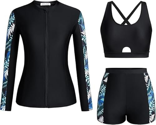 Kate Kasin Women's Sun Protection 3-Piece Tankini Set Zipper Rash Guard & Boyshorts für Schwimmen und Surfen Black-Green Leaves M