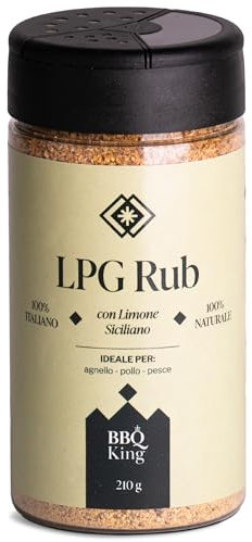 BBQ KING - L.P.G. Rub Confezione da 210 Gr, Lemon Pepper Garlic Dry Rub Bbq Ideale per Barbecue e Grill, Set Spezie Cucina 100% Made in Italy, Miscela di Spezie a Base di Limone, Pepe ed Aglio