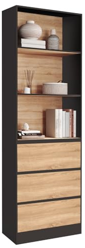 IDMarket - Bücherregal Carla 3 Ebenen 3 Schubladen schwarz und Holzeffekt H.190 cm