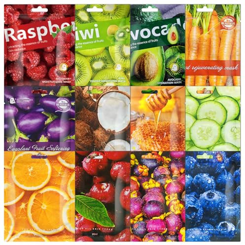 [PAKET VON 12]Tuchmasken Gesicht, Feuchtigkeitsspendende und nährende Gesichtsmaske, Daily Care Gesichtsmasken Beruhigend, Tuchmaske Beauty Set für alle Hauttypen, Spa Party,Masken Beauty