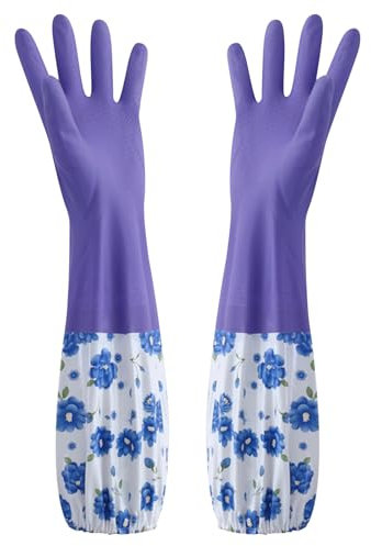 Rubber Latex Waterproof Dishwashing Gloves, Plush-Lined Floral Print Rubber Gloves, Extra Long Waterproof Cleaning Gloves, Reusable Household Cleaning Gloves, Non-Slip Kitchen Gloves (Purple)